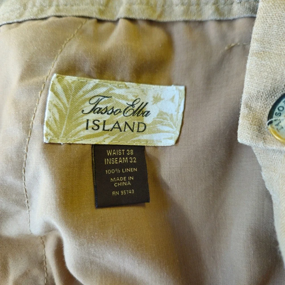 Tasso Elba ISLAND 38x32 Tan 100% Linen Straight Pants Beach Coastal Chic Lounge